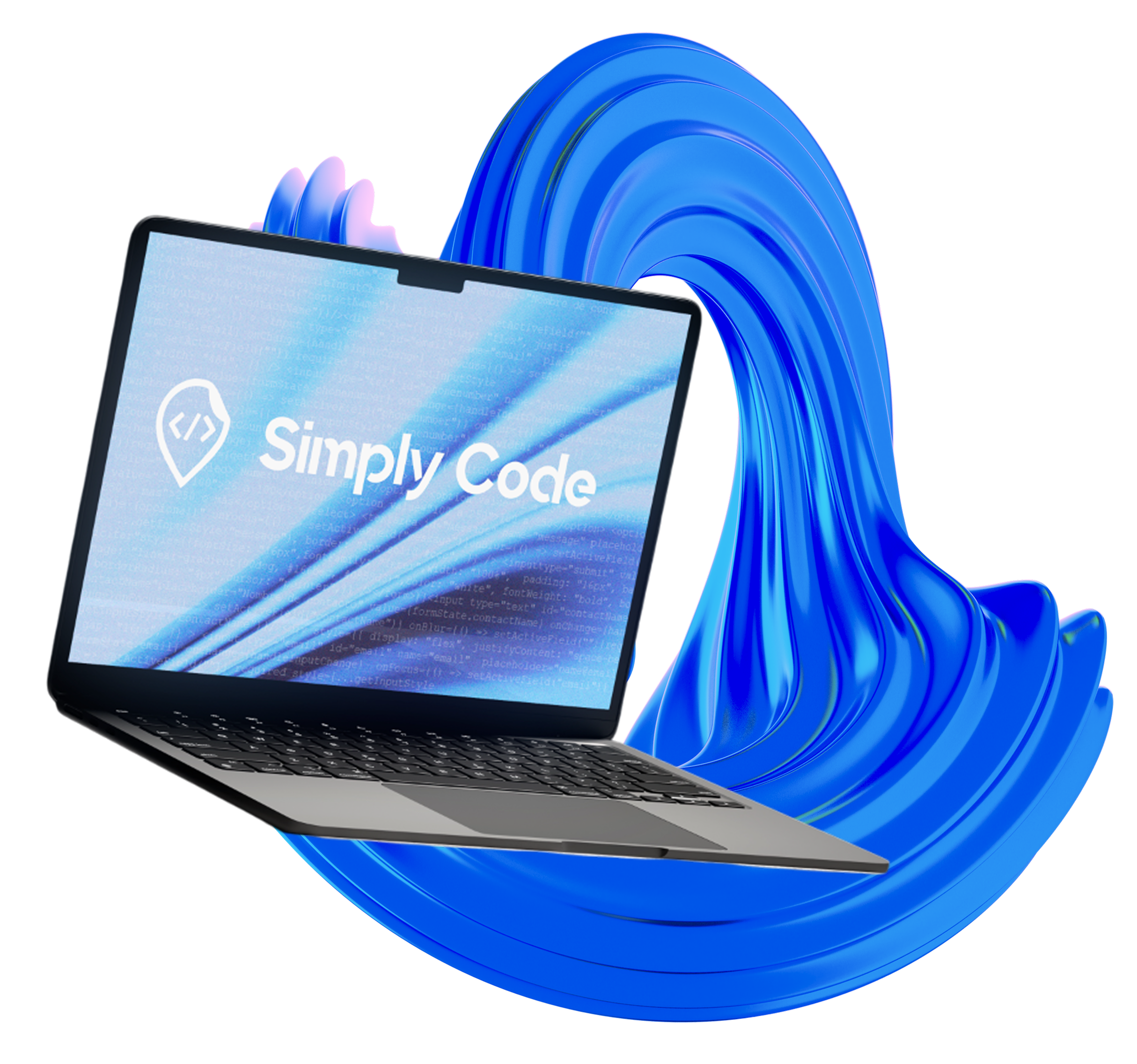 Simply Code laptop with dynamic blue wave elements showing dashboard